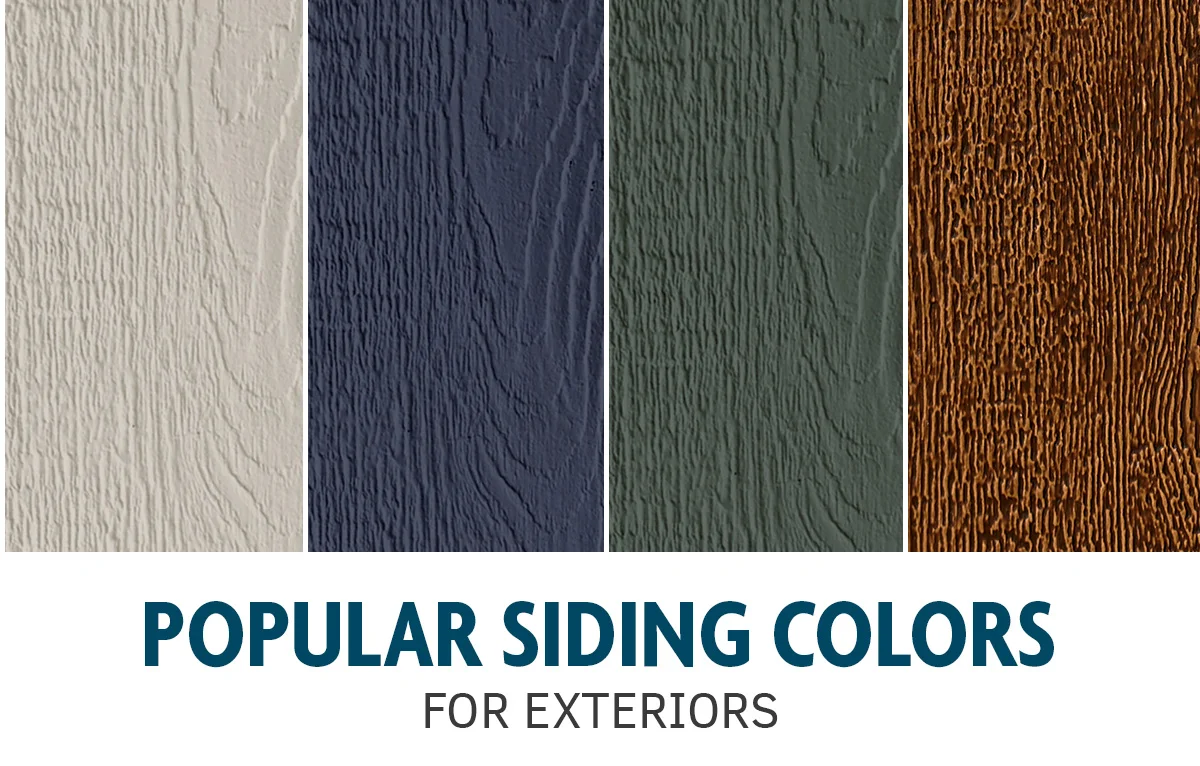 Popular Siding Colors for Exteriors, swatches of Glacier Fog, Midnight, Emerald, and Canyon siding colors from Diamond Kote