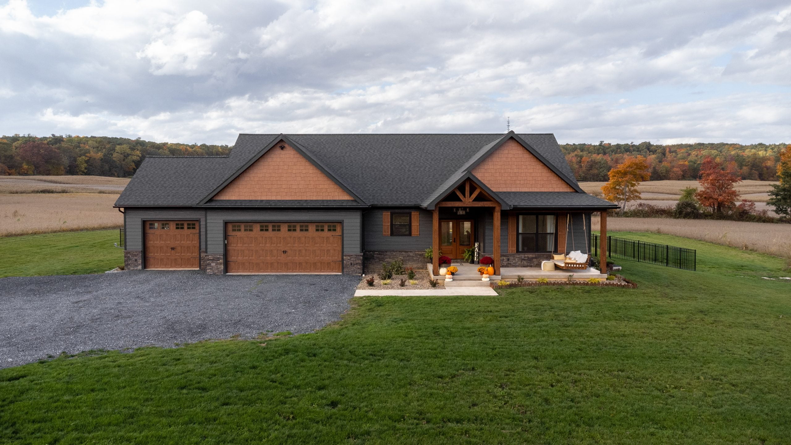 modern craftsman home exterior with dark siding colors